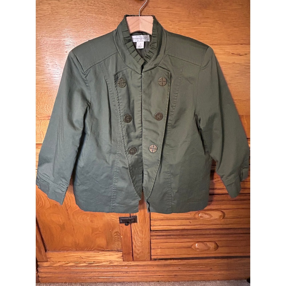 Christopher & Banks Olive Green Military Ruffle Collar Jacket Bronze Buttons M